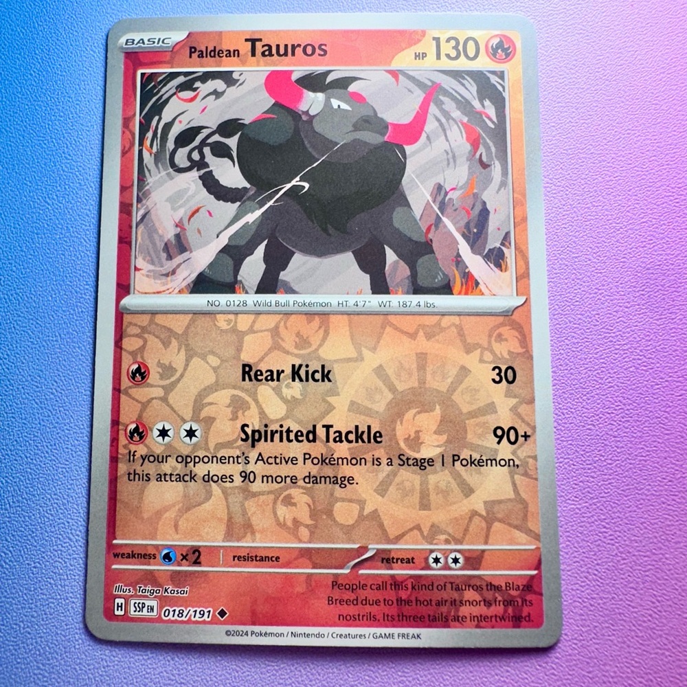 paldean tauros [reverse holo] - 018/191 (uncommon) — pokemon: surging sparks